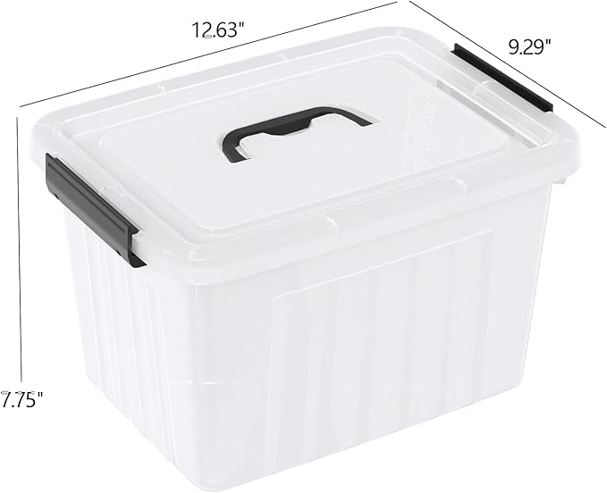 Clear Storage Latch Bin 12 Quart, Plastic Organizing Box with Lid and Black Handles, 6-Pack