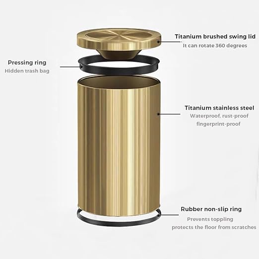 9L/2.4Gal Gold Trash Can,Brass Bathroom Garbae Can with Flipping Lid,Small Brass Garbage Can for Office, Laundry Room,Bedroom,Hotel - Image 6