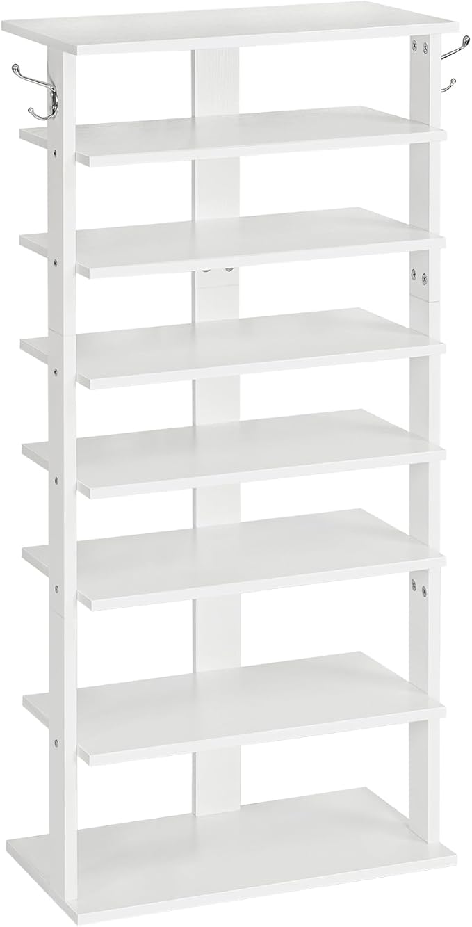 HOOBRO Vertical Shoe Rack, 8 Tier Wooden Shoe Storage Organizer with Hooks, Narrow Shoe Tower for 16 Pairs, Space Saving, for Entryway, Living Room, Bedroom, White WT750XJ01 by HOOBRO