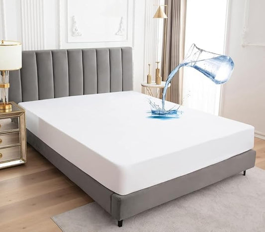 1 Piece Waterproof Mattress Protector Family King Size Fits Up to 18" Inch Deep Pocket Pad Cover Fitted Style Super Soft Terry Fabric Vinyl-Free White Solid