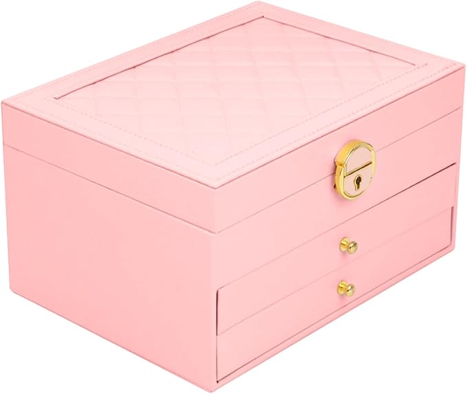 3 Layer Jewelry Box for girls, Lockable Jewelry Organizer for Necklace Earring Ring Bracelet Watch, PU Leather Storage, Pink by RQQM