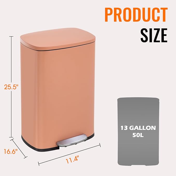 FDW | 13 Gallon Trash Can with Lid | Pink | Fingerprint-Proof | Made of Brushed Stainless Steel | Soft-Close Step Pedal | Hands-Free Use | Easy to Clean | for Kitchen, Office, Bathroom - Image 7