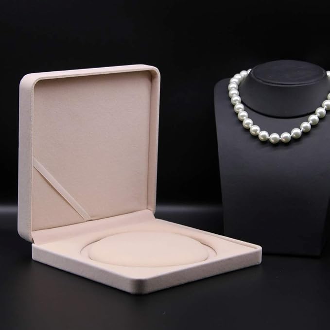Jewelry Set Velvet Box Necklace Earring Ring Necklace Bracelet Gift Display Case Wedding Jewelry Storage Holder (Beige for Pearl Necklace) - Image 2