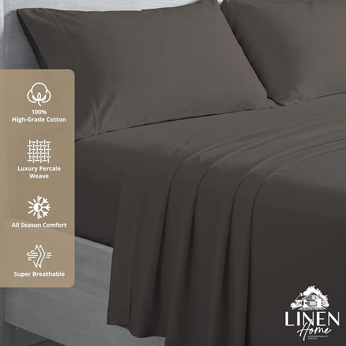 Linen Home 100% Cotton Percale Sheets Twin Size, Smoky Charcoal, Deep Pocket, 3 Pieces Set - 1 Flat, 1 Deep Pocket Fitted Sheet and 1 Pillowcase, Crisp Cool and Strong Bed Linen