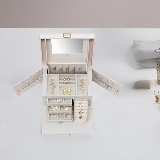 Vlando Mirrored Jewelry Box Organizer, Leather Jewelry Storage Case, Necklaces Earrings Rings Brackets Box Holder, Pink Beige - Image 11