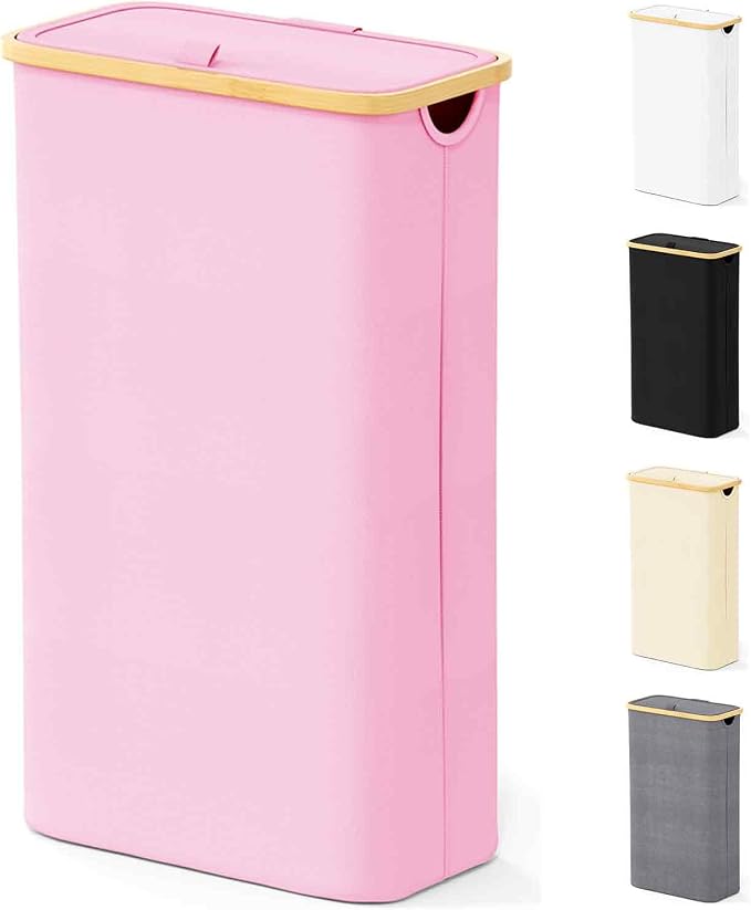 SpaceAid Slim Laundry Hamper with Lid, 65L Narrow Clothes Basket Bin with Bamboo Handles, Skinny Tall Collapsible Hamper for Bedroom, Bathroom, Dorm, Laundry Room - Pink by SpaceAid