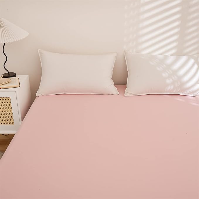 Holawakaka Full Waterproof Mattress Encasement Protector Pink Fitted Sheet Breathable Bed Mattress Pad Cover, 14" Deep Pocket (Blush,Full)