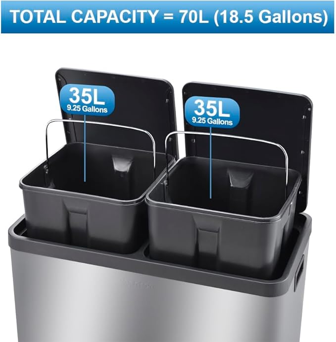 Step N' Sort The 18.5 Gallon Extra Large Capacity, Soft-Step, Dual Trash and Recycling Bin with Removable Inner Bins, Silver - Image 5
