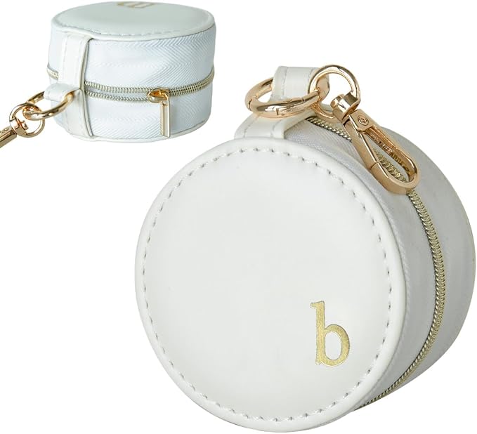 COLLECTIVE HOME - Monogrammed Letter Jewelry Case, Portable Travel Ring Holder Box with Keychain, Personalized Initial Organizer for Earrings Necklaces, Gift for Her (White-b) by COLLECTIVEHOME