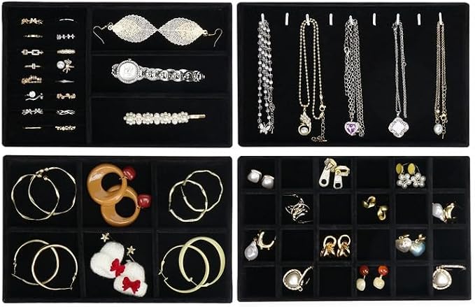 Cirhy 4 Stackable Jewelry Trays Organizer Set for Drawer, Jewelry Organizers and Display Case Storage, Velvet Drawer Inserts Organizer for Necklace Bracelets Earrings Organizer, Gift For Her, Black - Image 4