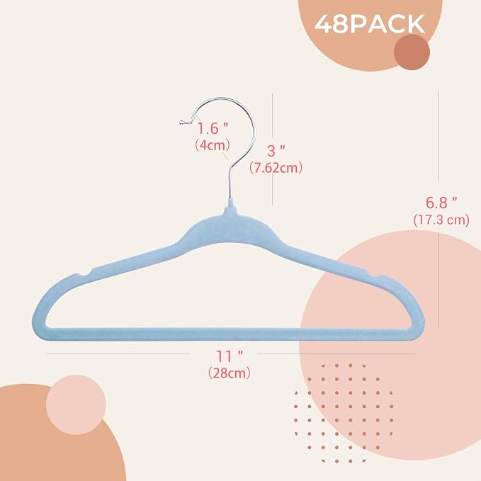 ManGotree 11" Baby Velvet Hangers, Non-Slip Infant Coat Hangers, Ultra-Thin Toddler Felt Hanger with 360° Swivel Hook, Space Saving Children's Hanger for Kids Clothes, 48 Pack (Blue) - Image 6