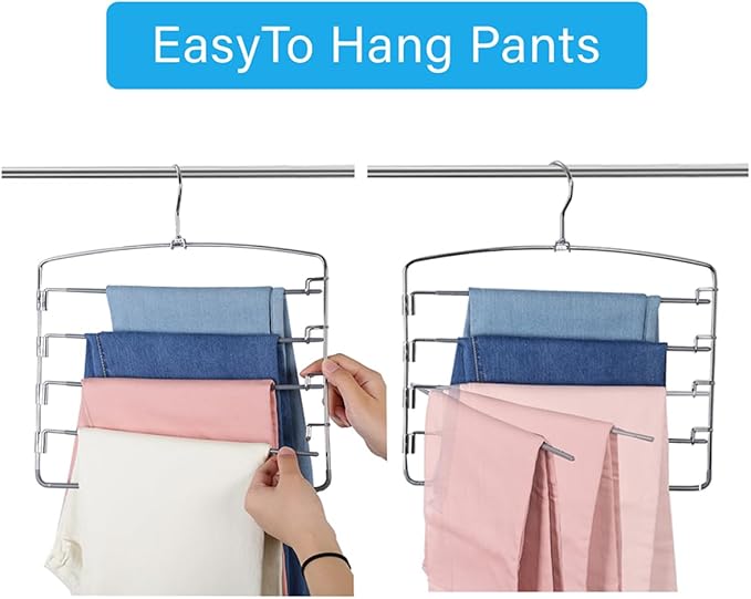 FeeraHozer Pants Hangers Space Saving 3 Pack No Slip 5 Layers Multi Functional Pants Rack Stainless Steel Swing Arm Space Saver Hanger for Trousers Jeans Towels Scarf （Grey） - Image 4