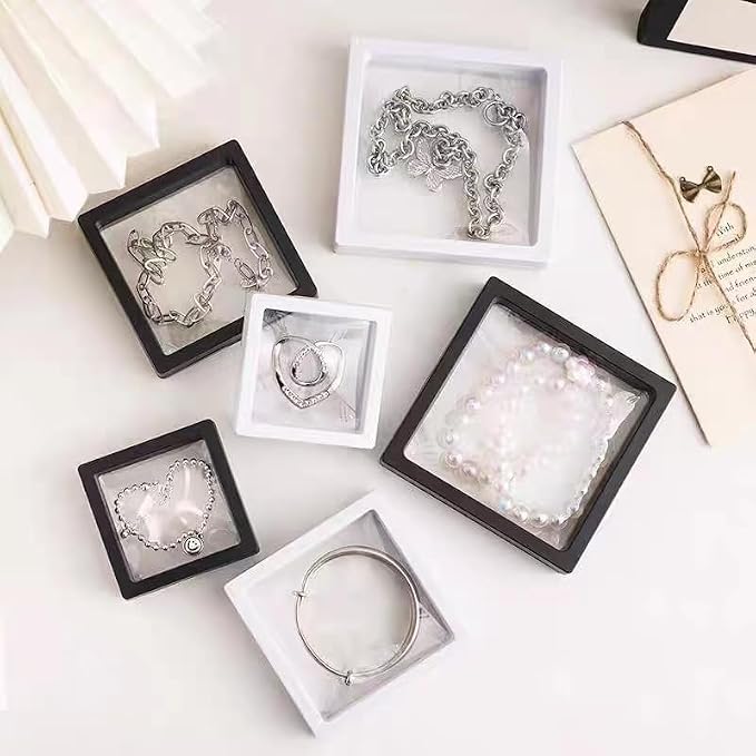 12PCS 3D Floating Frame Display Stand, Jewelry Box, Gift Box, Ornament Organizer, Small Travel Jewelry Box, PE Film Anti-Oxidation, Suspended Display Box Stackable (White, 3.54 * 3.54) - Image 2