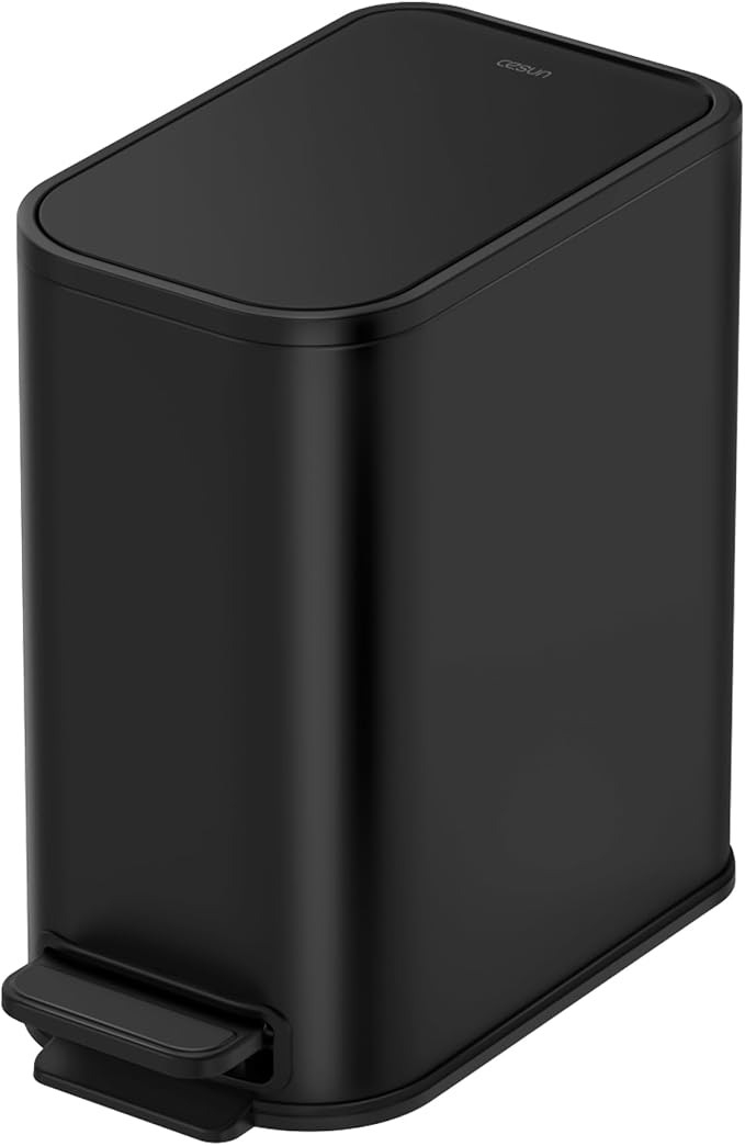 Cesun Small Bathroom Trash Can with Lid Soft Close, Step Pedal, 5 Liter / 1.3 Gallon Stainless Steel Garbage Can with Removable Inner Bucket, Waste Basket for Bathroom, Bedroom (Matte Black) by Cesun