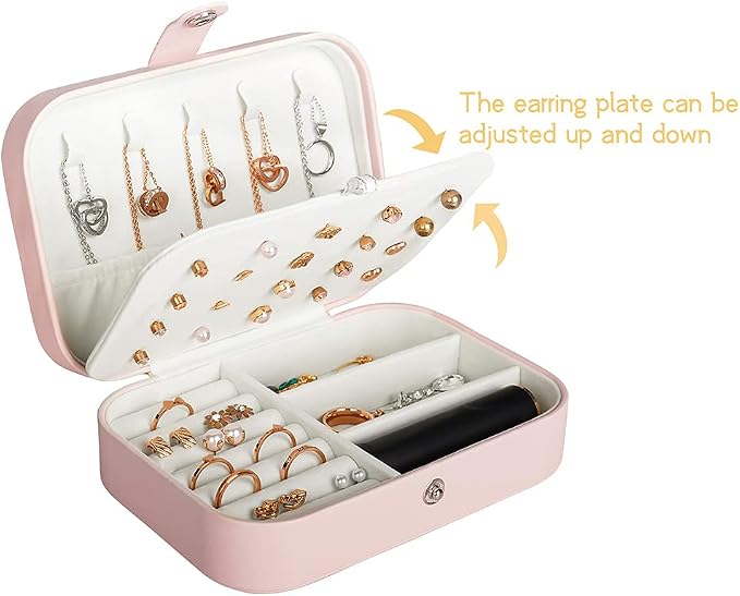 Hatori Travel Jewelry Box, PU Leather Small Jewelry Organizer for Women Girls, Portable Mini Travel Case Display Storage Holder Boxes for Stud Earrings, Rings, Necklaces, Bracelets (Pink) - Image 4