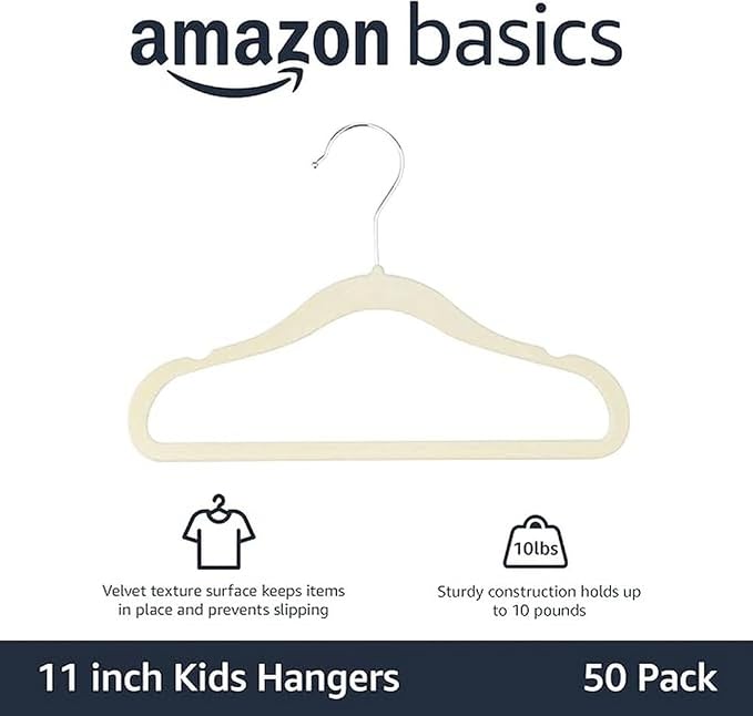 Amazon Basics Kids Space Saving Velvet Non-Slip Clothes Hangers with Shoulder Notches for Infant and Toddler, 11.6", Beige, 50-Pack - Image 2