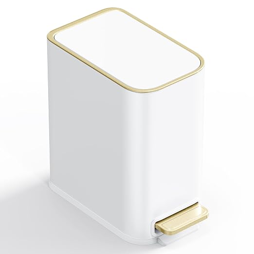 Small Bathroom Trash Can with Lid Soft Close, 5L / 1.3 Gallon Slim Garbage Can with Removable Inner Bucket, Step Stainless Steel Trash Bin for Office, Bathrooms, Bedroom, Living Room (White) by GibHerz