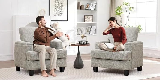 Accent Chairs Set of 2 with Armrest Storage, Upholstered Reading Living Room Chairs, Modern Comfy Large Armchairs, Fabric Single Sofa Chair for Bedroom (Light Grey)