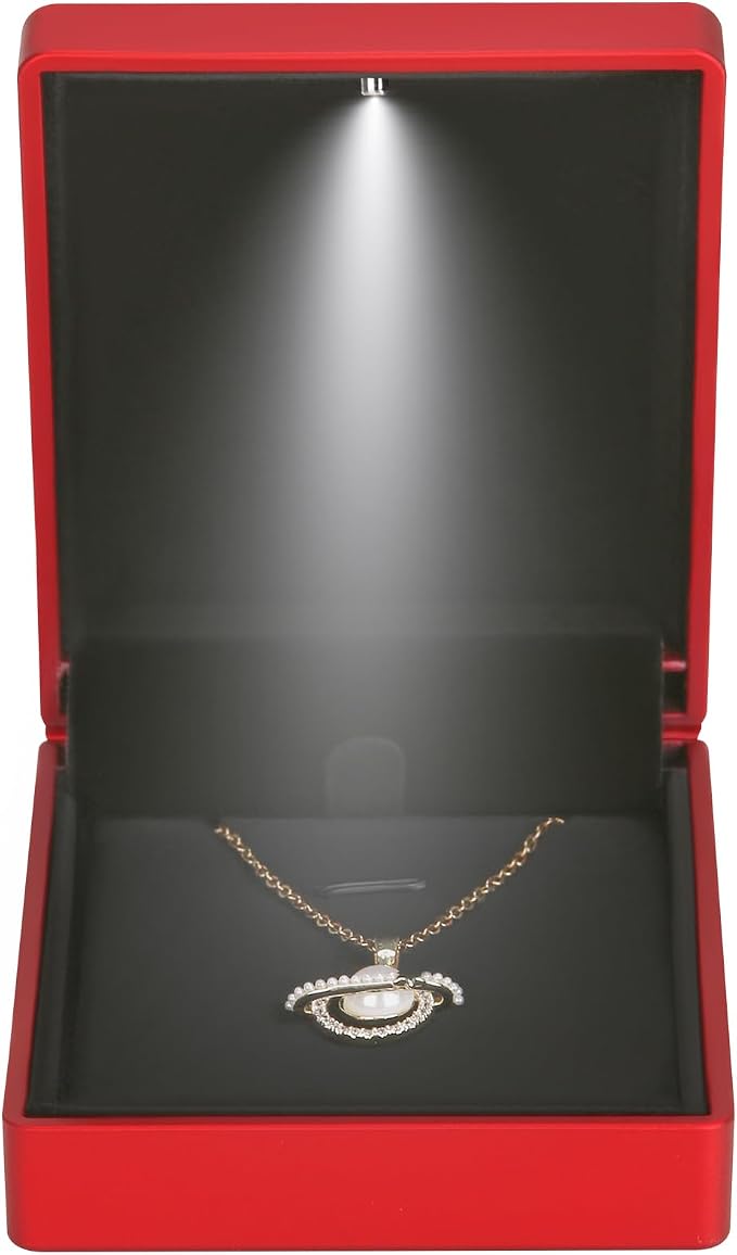LED Light Pendant Necklace Gift Box, Velvet Jewelry Storage Display Case for Proposal Engagement Wedding Anniversary Birthday Valentine's Day (Red) - Image 3