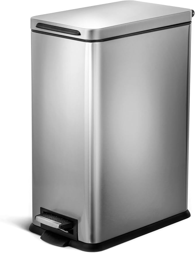 Home Zone Living 8 Gallon Slim Kitchen Trash Can with Soft Close Lid, Step Pedal, Bag Tuck Band, and Removable Liner, Stainless Steel, Silver by HomeZoneLiving
