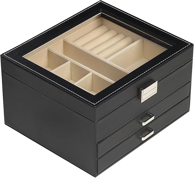 BOOVO Clear Lid Jewelry Box,3 Layers Jewelry Organizer Large Multi-Functional Jewelry Storage Box with 2 Drawers,Jewelry Display Case of Rings Earrings Necklace Bracelets for Women Girls (Black) by BOOVO