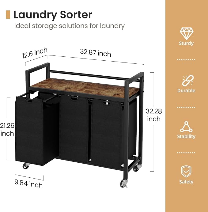 SwaaVee Laundry Hamper, Laundry Basket, Laundry Sorter with 3 Removable Bags, Clothes Basket with 3 Compartments, Wheels, Shelf for Laundry Room Bathroom Bedroom (3 Bags-Black) - Image 2