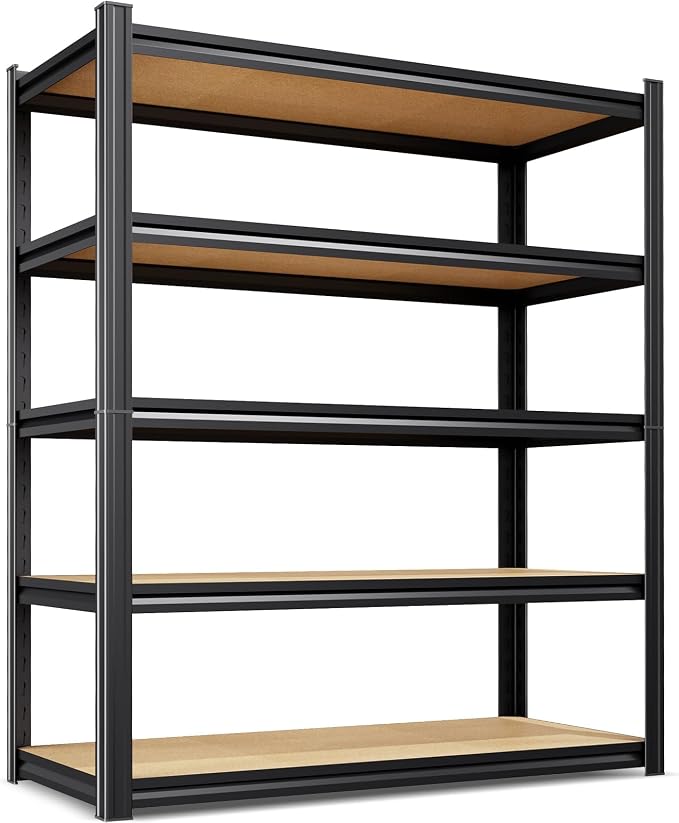 71.2" H Storage Shelves, 5 Tier Adjustable Wood Garage Shelving, Utility Tall Metal Shelving Unit, Easy to Install Standing Garage Storage for Warehouse,Bedroom,Basement,45.6" WX17.7 DX71.2 H by KORVENA