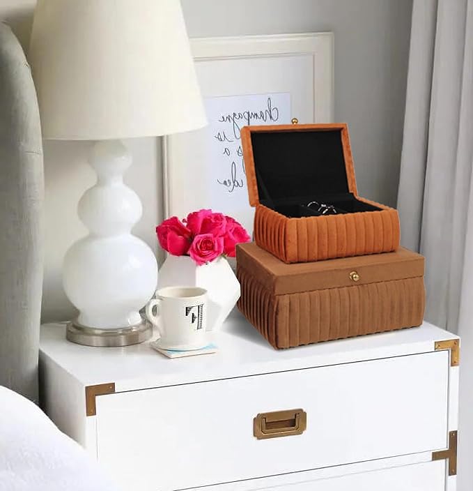 HofferRuffer Velvet Decorative Boxes, Jewelry Boxes Storage Accessory Organizer Boxes with Elegant Handle Decor, Classic Velvet Set of 2 Pieces (Brown) - Image 4