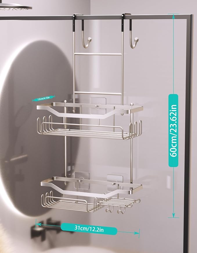 HapiRm Hanging Shower Caddy Over the Door with Soap Holder, No Drilling Adhesive Shower Organizer with 11 Hooks, Rustproof & Waterproof 304 Stainless Steel Bathroom Shelves - Brushed Nickel - Image 7