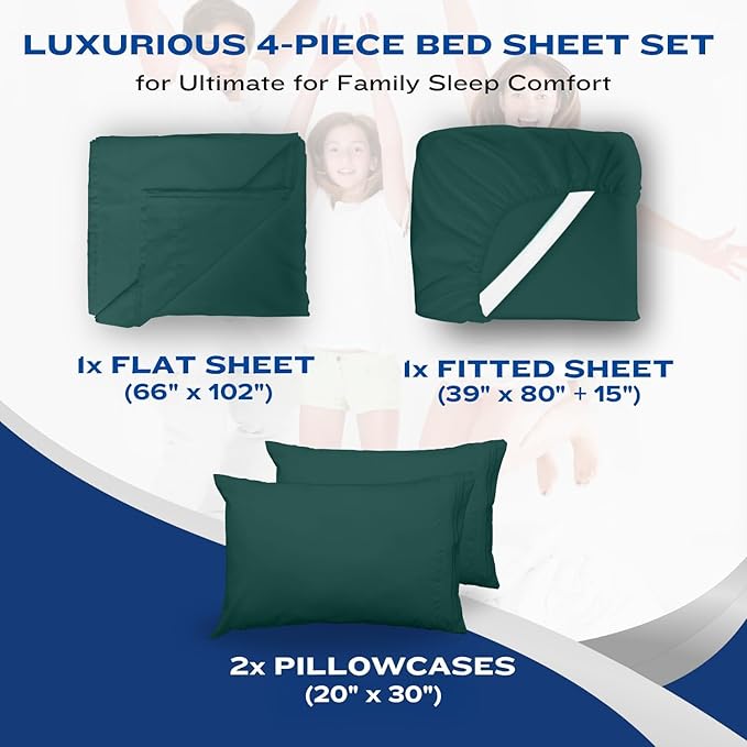 DREAMCARE Twin XL Sheet Sets - 4 pcs Breathable Cooling Bed Sheets - up to 15" Deep Pocket Twin XL Sheets Set with Side Pockets -Extra Soft 100% Brushed Hypoallergenic Hotel Luxury Bedding Emrld Green