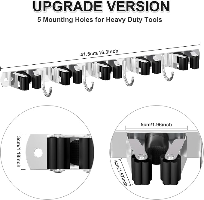 HANZENMA Broom Holder Wall Mount, Broom Organizer Wall Mount Stainless Steel Broom and Mop Hanger Heavy Duty Storage Organization for Home Kitchen Garden Garage Room 5 Racks 4 Hooks - Image 6