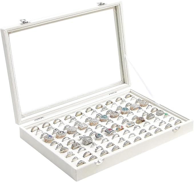 Ring Display Case, Jewelry Organizer Box, Earring Holder for Girls, Velvet Display Tray (Beige, 100 Slots) by Unknown