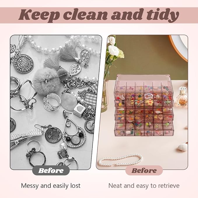 Jewelry Organizer, Earring Holder Organizer Box with 3 Layers, 72 Grids Earring Case, Craft Storage Containers for Nail Charms, Ring, Earrings(Tan) - Image 7