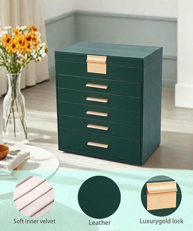 BOOVO Jewelry Boxes for Women, White and Black 6 Layer Large Jewelry Box for Necklace, Bracelet, Earrings, Rings Storage, Jewelry holder Organizer for Girls Gift (Green and Gold, 6 layer) - Image 2