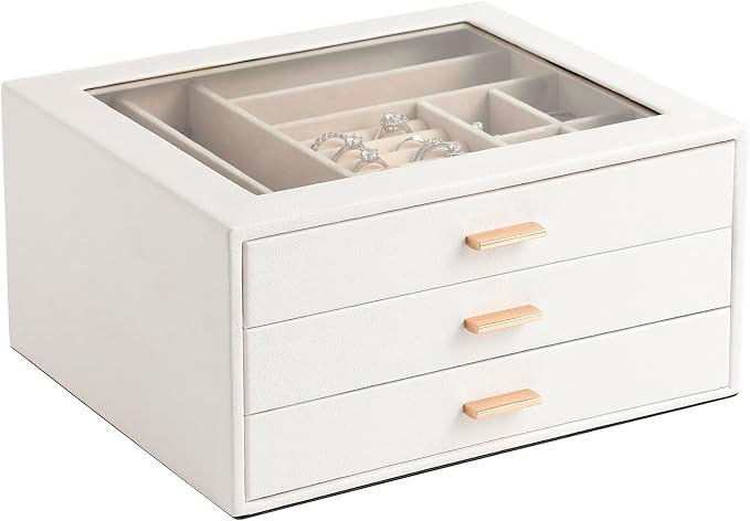 Jewelry Box with Glass Lid,3-Layer Jewelry Boxes for Women,PU Leather Jewelry Organizer with 20-Grid Earring Drawer & Movable Dividers for Necklaces Rings - Cloud White by Unknown