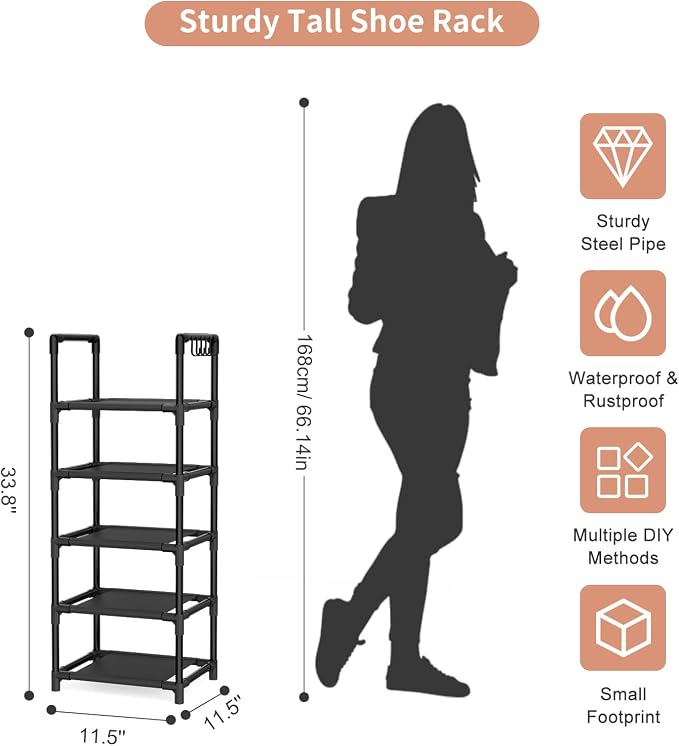 LANTEFUL Narrow Shoe Rack 5 Tier Shoe Shelf Storage for 5-10 Pairs Shoe and Boot, Sturdy Shoe Storage Space Saving Corner Shoe Rack Organizer for Closet, Entryway, Living Room, Black - Image 3
