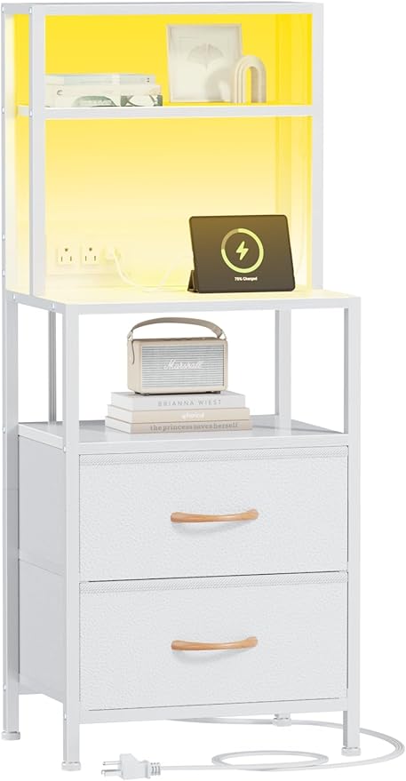 Furnulem Night Stand, Tall White Nightstand with 4-Tier Shelves, 2 PU Fabric Drawers and Light Tube, Bed Side Tables with Charging Station, Bedside Table for Bedroom