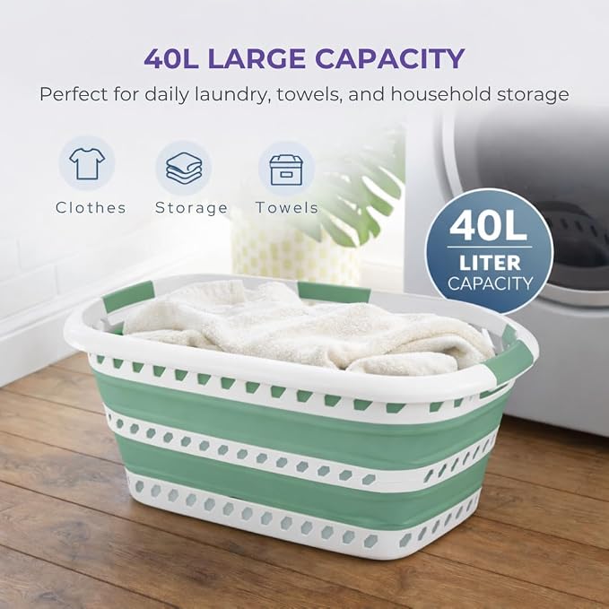 Laundry 360 Collapsible Laundry Basket | Portable | Space Saver Storage | Hold 2 Loads | Store Under the Bed or Closet | Good for Kids | Dorm | Bedroom | Large | White/Sage - Image 3