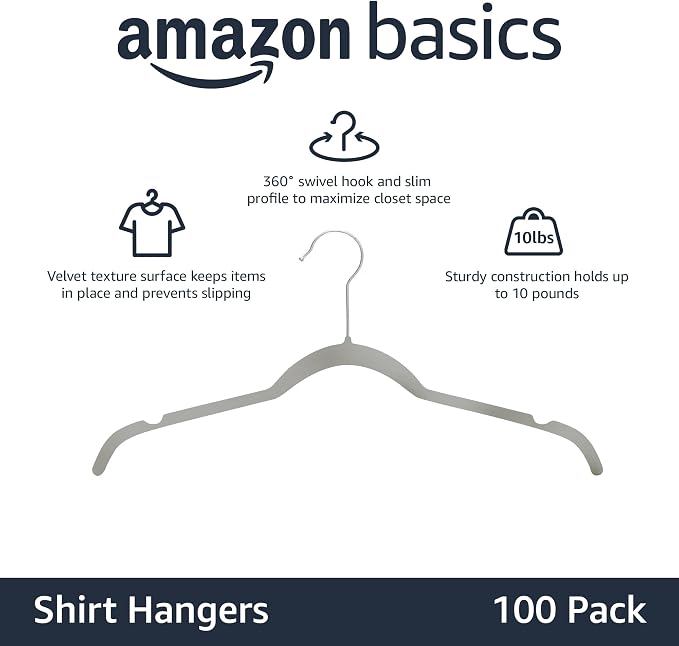 Amazon Basics Space Saving Slim Velvet Non-Slip Clothes Hangers, Sturdy, Gray/Silver, 100-Pack - Image 2