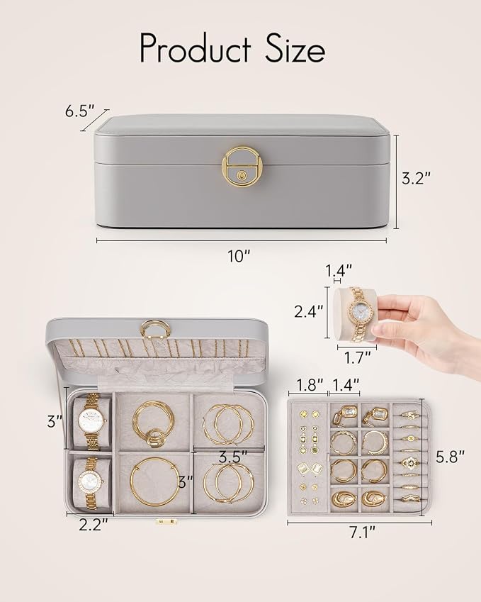 VLANDO 2 Layer Jewelry Box,Jewelry Organizer Storage Lockable Earring Organizer Removable Jewelry Tray with Watch Pillow for Neckable Ring Bracelets-Grey - Image 3