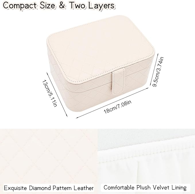 Jewelry Travel Case, 2-Layer Jewelry Box Organizer Medium Jewelry Travel Box, Portable Faux Leather Jewellery Storage Boxes with Argyle for Women, Daily Jewellery Case Home Use (Apricot beige) - Image 2