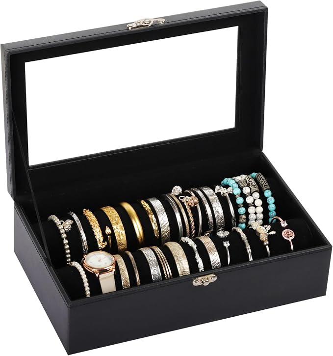 AUTOARK Bracelet & Watch Storage Box with Glass Lid & 2 Anti-Roll Rods,PU Leather Jewelry Case,Soft Lined Locking Organizer for Women,Gift for Dresser & Cabinet Display,Black,MKAW145 by AUTOARK
