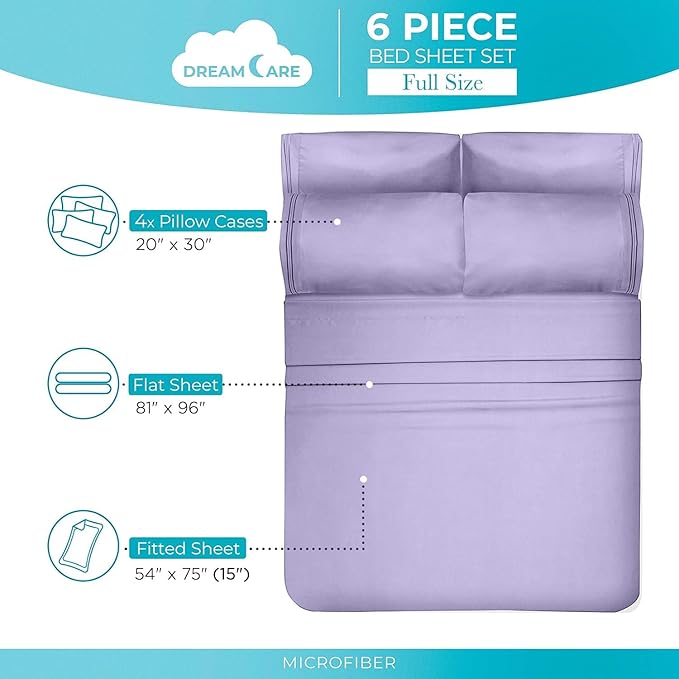 DREAMCARE Full Size Sheets - 6 pcs Breathable Cooling Bed Sheets - up to 15" Deep Pocket Full Size Bed Sheets wth Side Pockets - Extra Soft 100% Brushed Hypoallergenic Hotel Luxury Bedding - Lavender