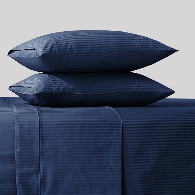 Feather & Stitch 500 TC Full Size Damask Bed Sheet Set, 100% Cotton Soft Breathable Bedsheets, 4 Piece 18" Deep Pockets Sateen Weave Striped Bedding Mattress Resort Hotel Luxury - (Dark Blue Stripe)