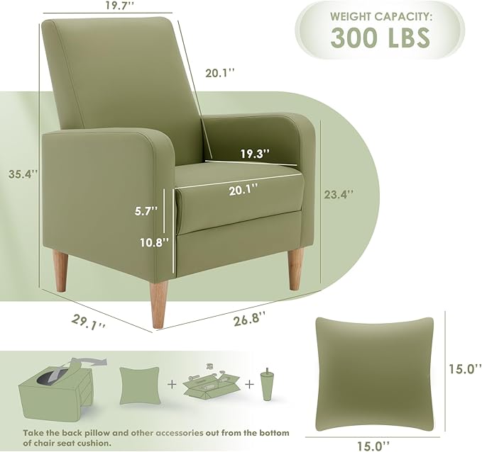 COLAMY Faux Leather Living Room Accent Chair Armchair with Pillow, Reading Side Chair,Single Sofa with Wood Legs, L-Green