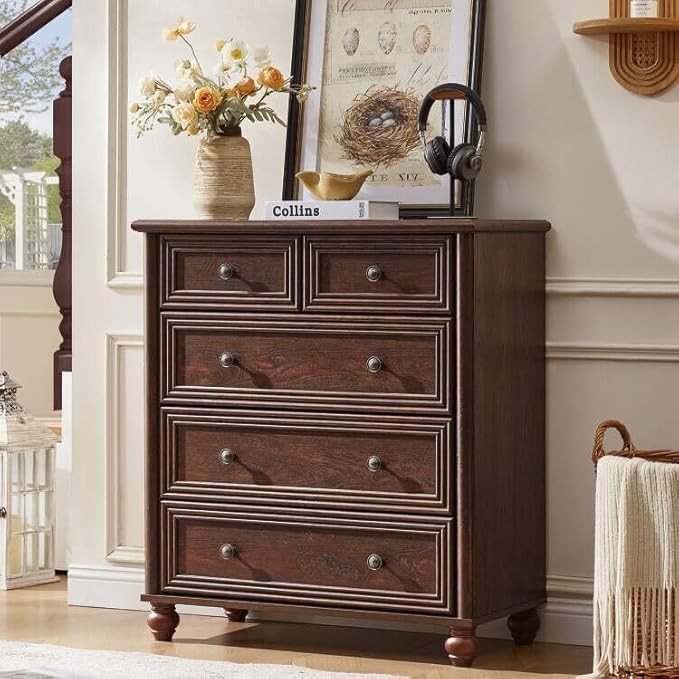RWYHG Farmhouse 5 Drawer Dresser for Bedroom, 35.5" Walnut Tall Small Dressers & Chest of Drawers, Rustic Wood Dresser with Roman Column, Storage Organizer for Living Room, Hallway, Closet