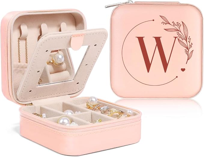 SANDJEST Personalized Jewelry Box, Pink Small Travel Jewelry Box with Initial W, Monogrammed Jewelry Case Organizer for Girls Women Teen, Mini Travel Essentials Gifts for Christmas Birthday by SANDJEST
