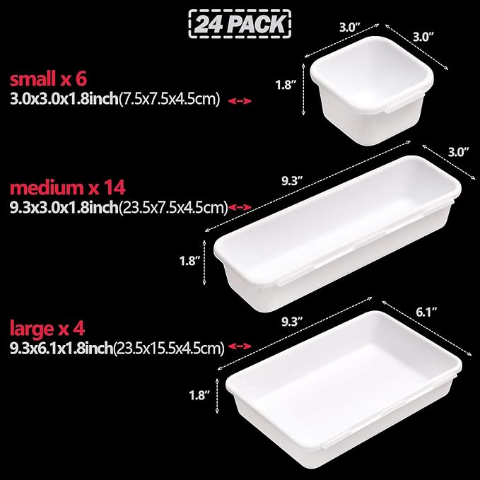 Set of 24 Interlocking Desk Drawer Organizer Tray Dividers Plastic Shallow Narrow Drawers Organizers Separators Storage Bins Container for Kitchen Bathroom Makeup Office Vanity Bedroom Dresser White - Image 2
