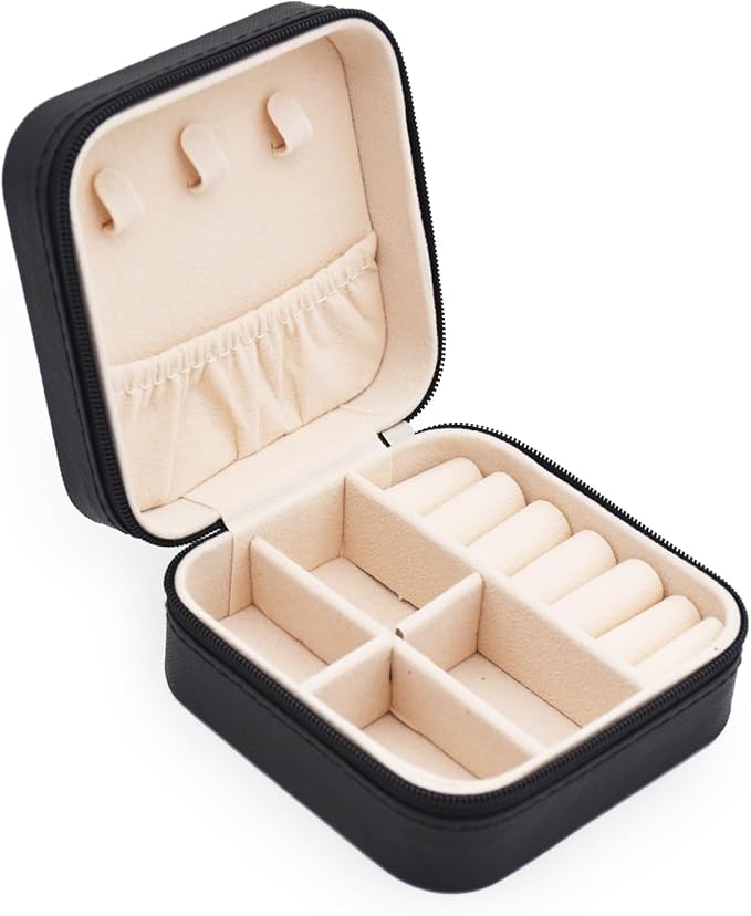 MODENGKONGJIAN Mini Jewelry Travel Case, PU Leather Travel Jewelry Organizer Box, Small Portable Portable Jewellery Storage Holder for Womens Rings Earrings Necklaces Bracelets (Black) by MODENGKONGJIAN