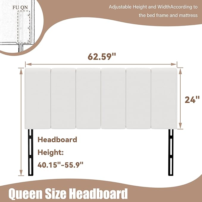 Yongchuang Upholstered Headboard Queen White Faux Leather Headboard for Queen/Full Size Bed Adjustable Height Foldable Heaboard